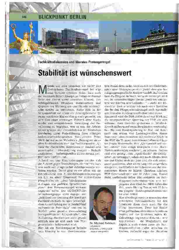 Vorschauseite 1: Fachkräftediskussion und liberales PostengerangelStabilität ist wünschenswert