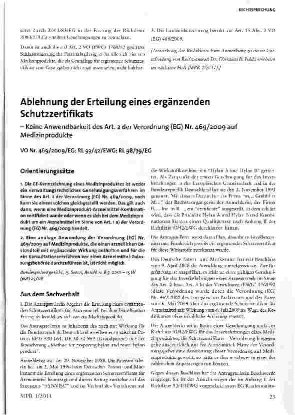 Vorschauseite 1: Ablehnung der Erteilung eines ergänzenden Schutzzertifikats-Keine Anwendbarkeit des Art. 2 der Verordnung (EG) Nr. 469/2009 auf Medizinprodukte