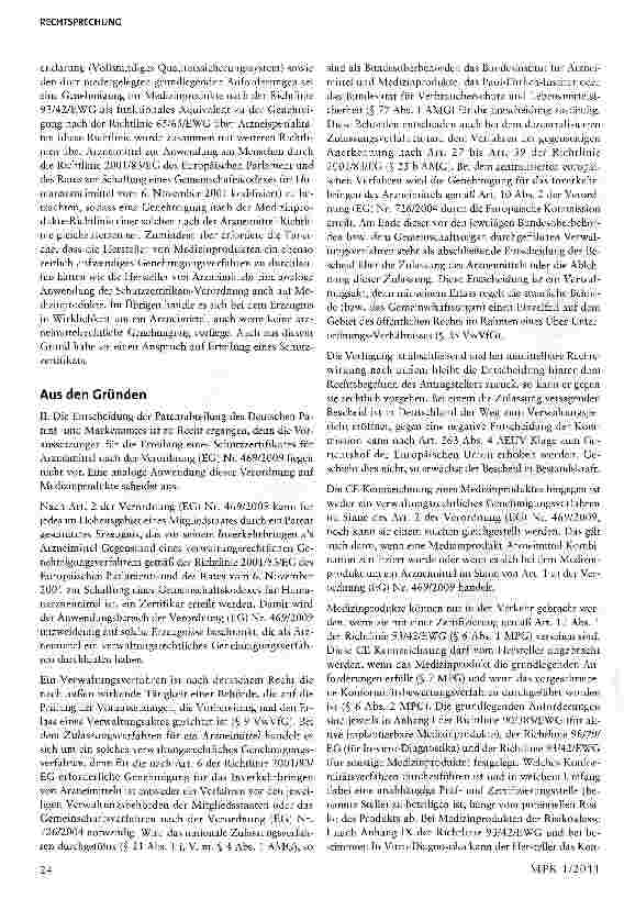 Vorschauseite 2: Ablehnung der Erteilung eines ergänzenden Schutzzertifikats-Keine Anwendbarkeit des Art. 2 der Verordnung (EG) Nr. 469/2009 auf Medizinprodukte