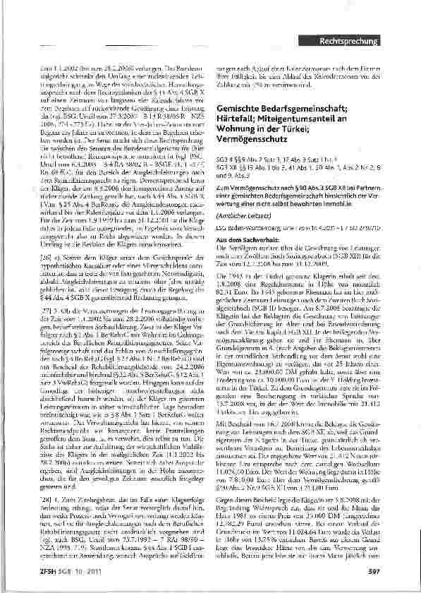 Vorschauseite 1: Gemischte Bedarfsgemeinschaft; Härtefall; Miteigentumsanteil an Wohnung in der Türkei; Vermögensschutz SCB II §§9 Abs.2 Satz 3,12 Abs.3 Satz 1 Nr.4 SGB XII §§19 Abs.1 bis 3, 41 Ab…