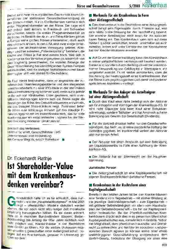 Vorschauseite 1: Ist Shareholder-Value mit dem Krankenhausdenken vereinbar?