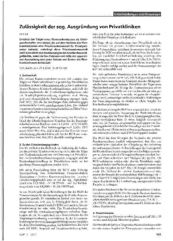 Vorschauseite 1: Zulässigkeit der sog. Ausgründung von Privatkliniken
