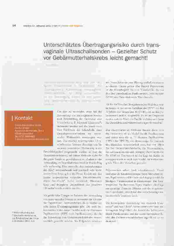 Vorschauseite 1: Unterschätztes Übertragungsrisiko durch transvaginale Ultraschallsonden - Gezielter Schutz vor Gebärmutterhalskrebs leicht gemacht!