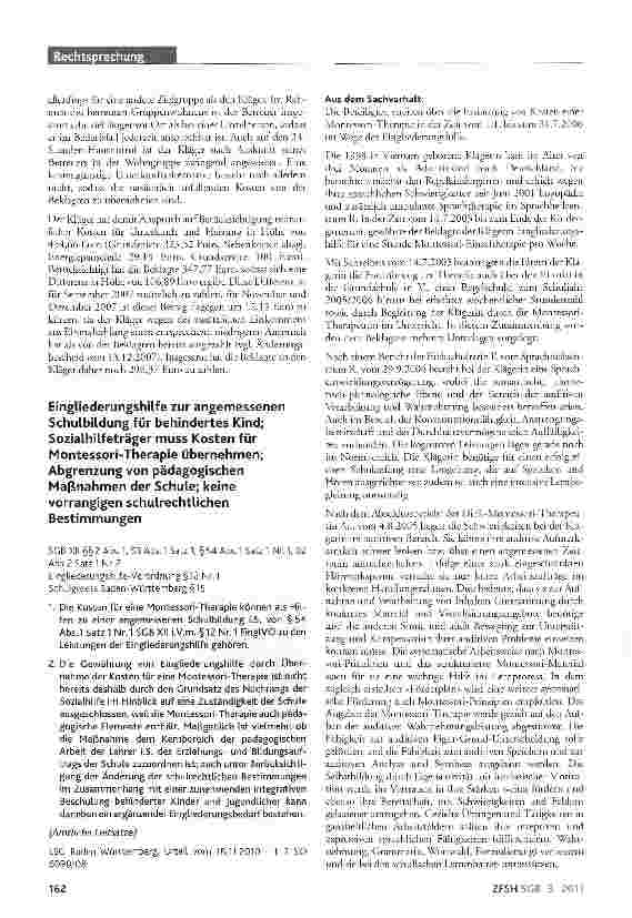 Vorschauseite 1: Eingliederungshilfe zur angemessenen Schulbildung für behindertes Kind; Sozialhilfeträger muss Kosten für Montessori-Therapie übernehmen; Abgrenzung von pädagogischen Maßnahmen de…