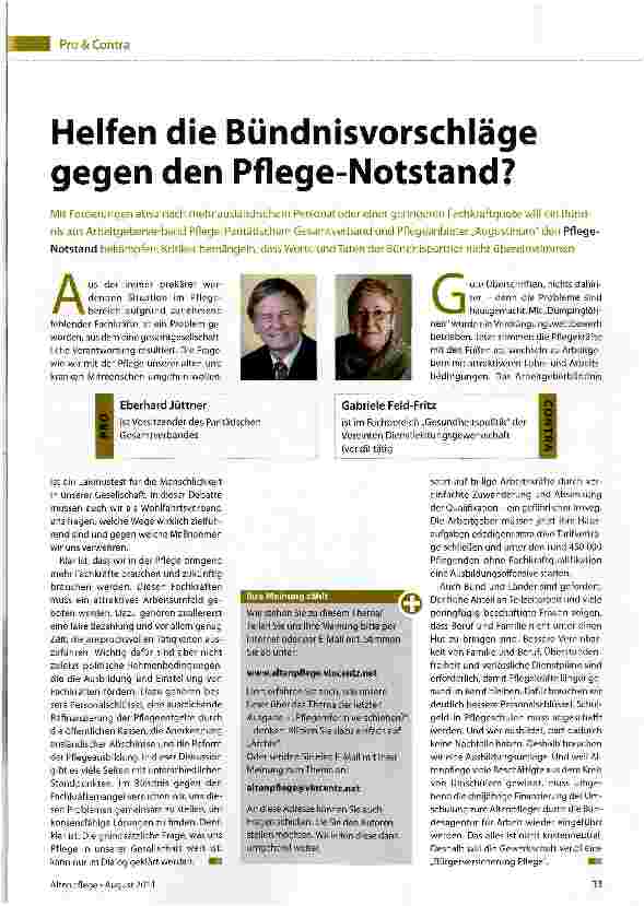 Vorschauseite 1: Helfen die Bündnisvorschläge gegen den Pflege-Notstand?