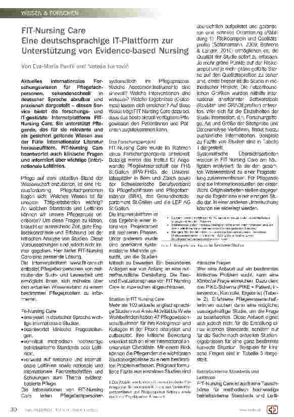 Vorschauseite 1: FIT-Nursing Care Eine deutschsprachige IT-Plattform zur Unterstützung von Evidence-based Nursing