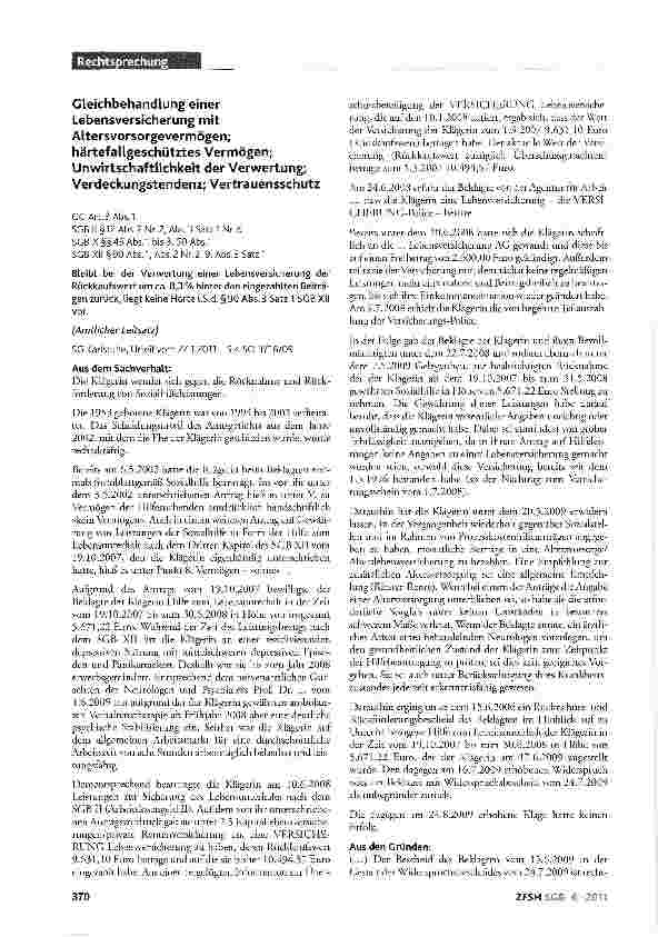 Vorschauseite 1: GLeichbehandLung einer Lebensversicherung mit Altersvorsorgevermögen; härtefallgeschütztes Vermögen; Unwirtschaftlichkeit der Verwertung; Verdeckungstendenz; Vertrauensschutz