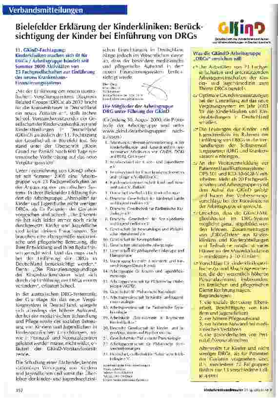 Vorschauseite 1: Bielefelder Erklärung der Kinderkliniken: Berücksichtigung der Kinder bei Einführung von DRGs