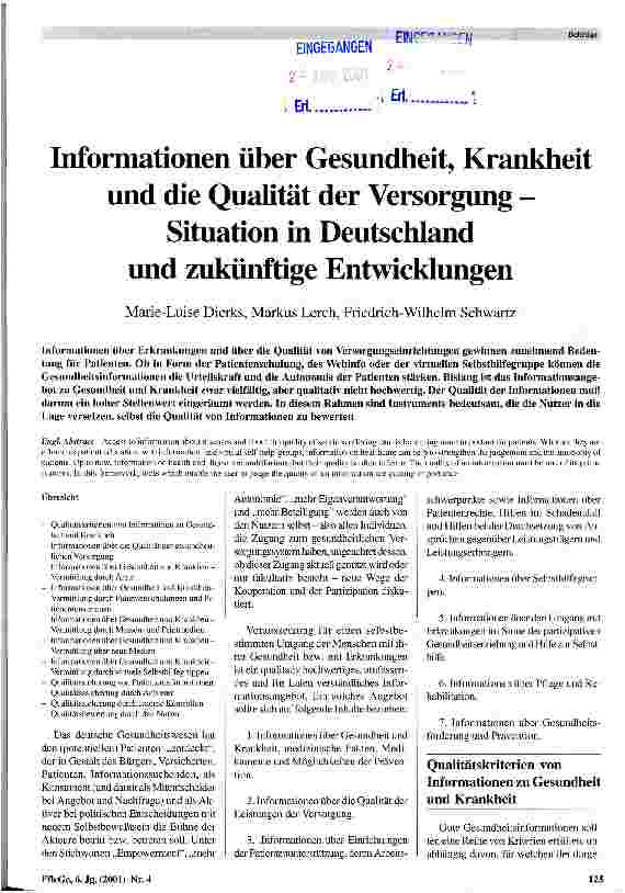 Vorschauseite 1: Informationen über Gesundheit, Krankheit und die Qualität der Versorgung Situation in Deutschland und zukünftige Entwicklungen