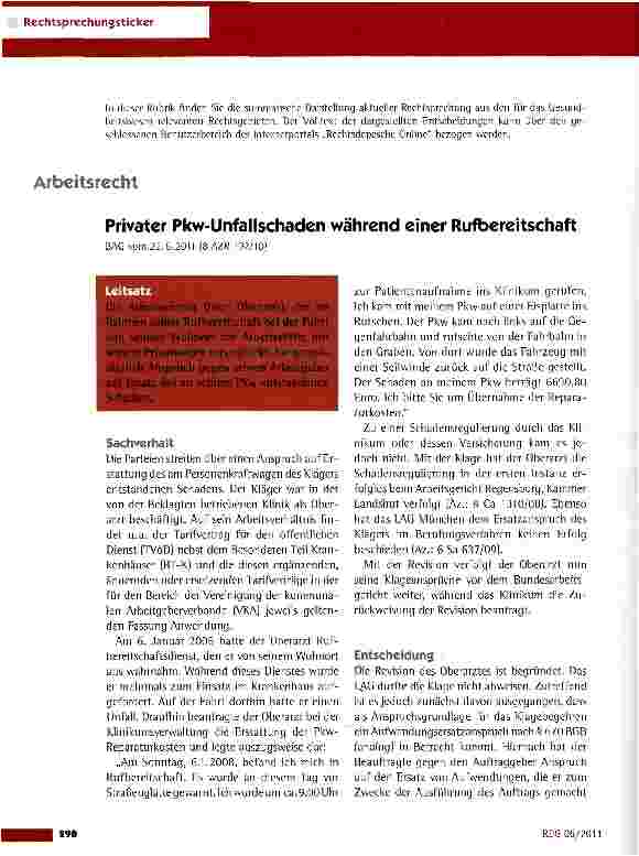 Vorschauseite 1: Privater Pkw-Unfallschaden während einer Rufbereitschaft BAG vom 22.6.2011 (8 AZR 102/10)