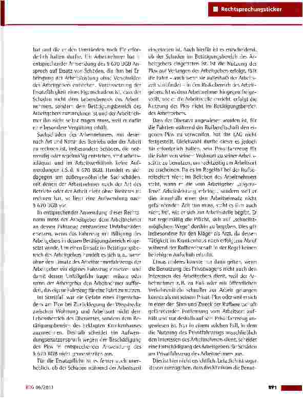 Vorschauseite 2: Privater Pkw-Unfallschaden während einer Rufbereitschaft BAG vom 22.6.2011 (8 AZR 102/10)