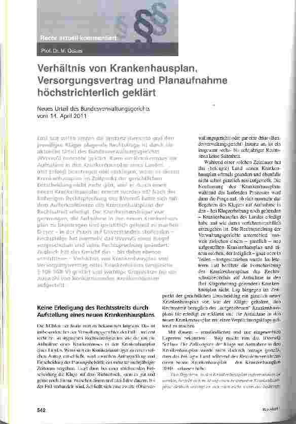 Vorschauseite 1: Verhältnis von Krankenhausplan, Versorgungsvertrag und Planaufnahme höchstrichterlich geklärt