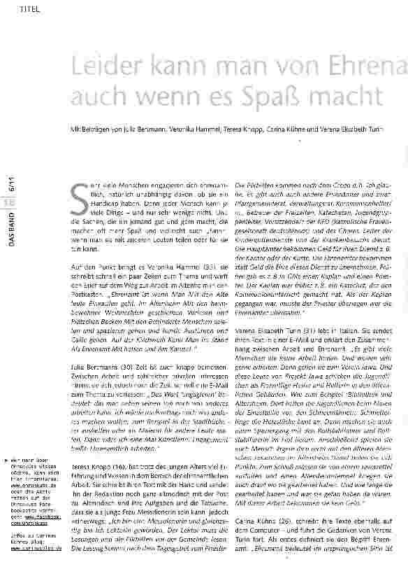 Vorschauseite 1: Leider kann man vom Ehrenamt allein nicht leben, auch wenn es Spaß macht