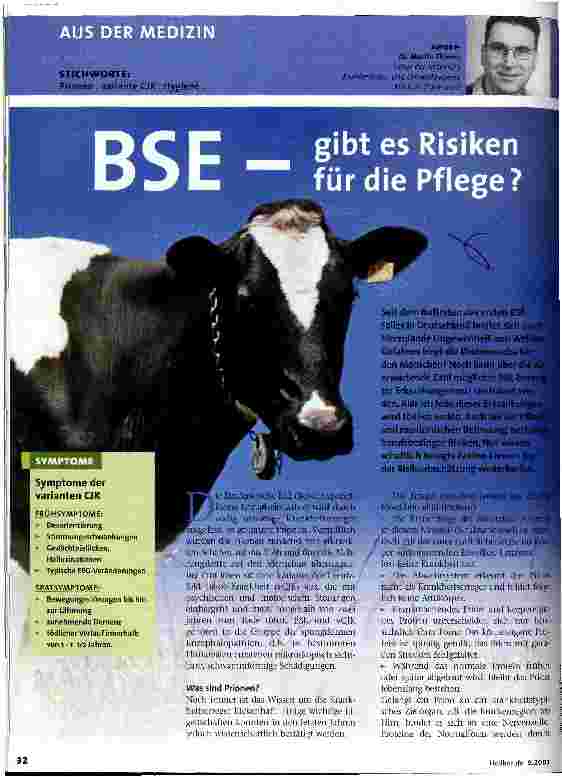 Vorschauseite 1: BSE - gibt es Risiken für die Pflege?