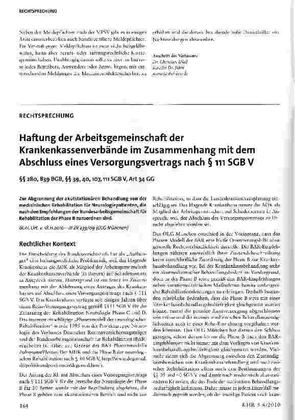 Vorschauseite 1: Haftung der Arbeitsgemeinschaft der Krankenkassenverbände im Zusammenhang mit dem Abschluss eines Versorgungsvertrags nach § 111 SGB V