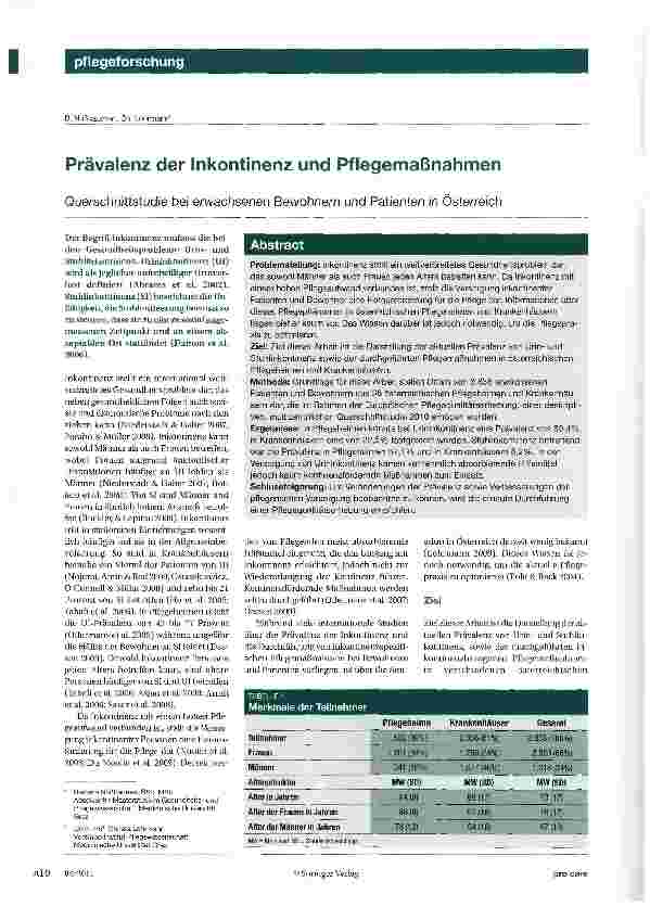 Vorschauseite 1: Prävalenz der Inkontinenz und Pflegemaßnahmen