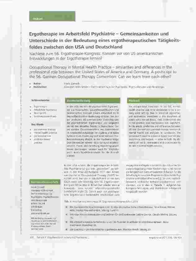 Vorschauseite 1: Ergotherapie im Arbeitsfeld Psychiatrie Gemeinsamkeiten und Unterschiede in der Bedeutung eines ergotherapeutischen Tätigkeitsfeldes zwischen den USA und Deutschland