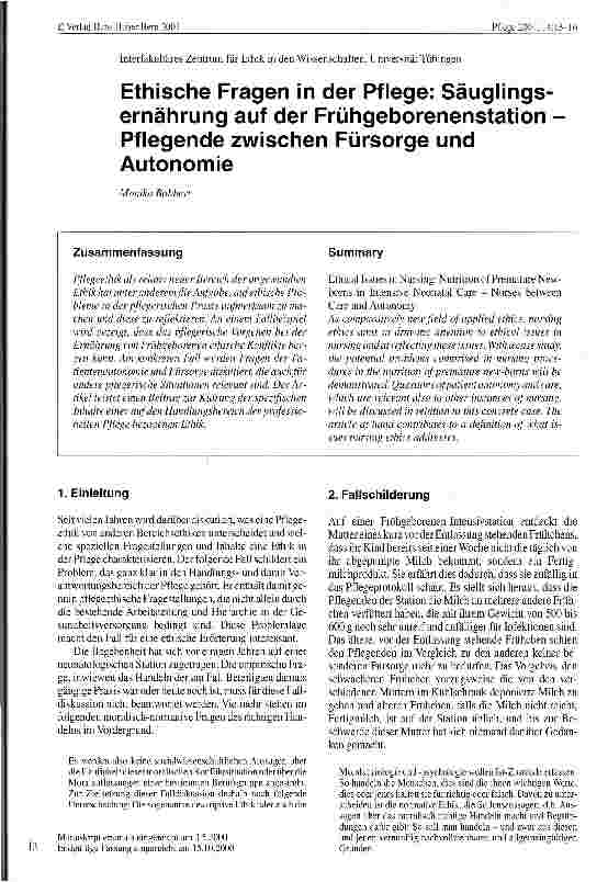 Vorschauseite 1: Ethische Fragen in der Pflege Säuglingsernährung auf der Frühgeborenenstation - Pflegende zwischen Fürsorge und Autonomie