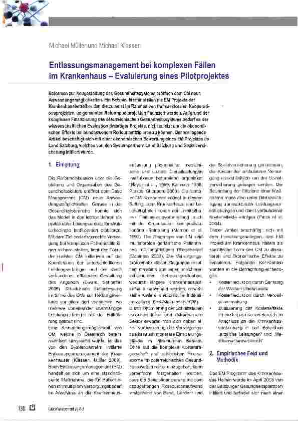 Vorschauseite 1: Entlassungsmanagement bei komplexen Fällen im Krankenhaus - Evaluierung eines Pilotprojektes