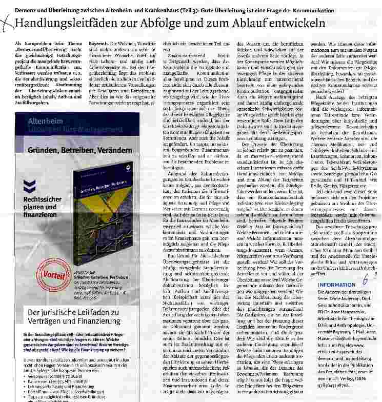Vorschauseite 1: Demenz und Überleitung zwischen Altenheim und Krankenhaus (Teil 3): Gute Überleitung ist eine Frage der KommunikationHandlungsleitfäden zur Abfolge und zum Ablauf entwickeln