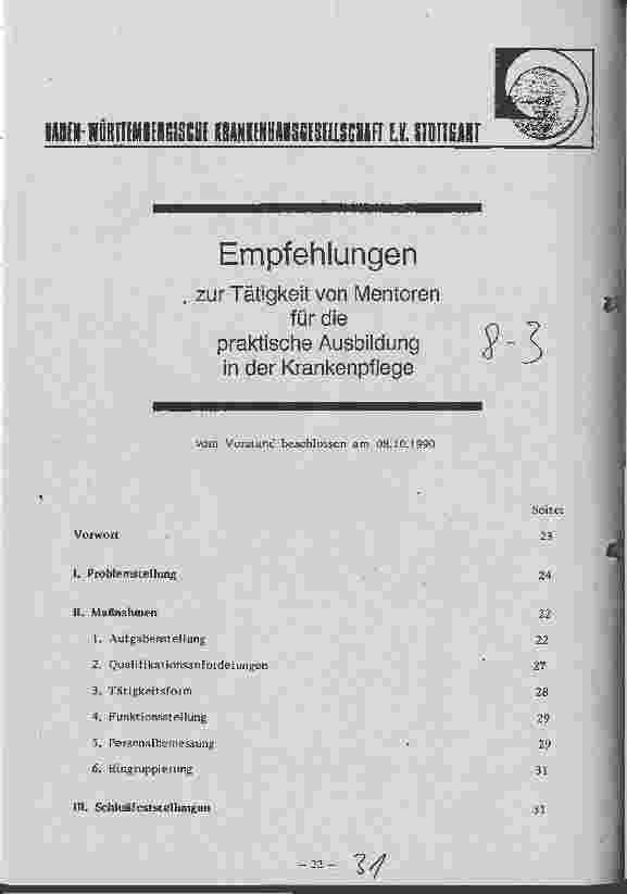 Vorschauseite 1: Empfehlungen zur Tätigkeit von Mentoren für die praktische Ausbildung in der Krankenpflege