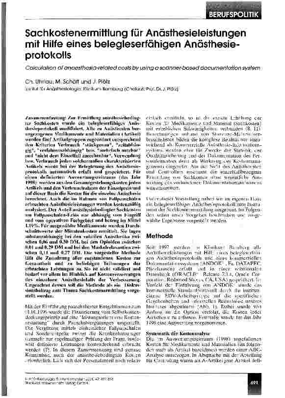 Vorschauseite 1: Sachkostenermittlung für Anästhesieleistungen mit Hilfe eines belegleserfähigen Anästhesieprotokolls