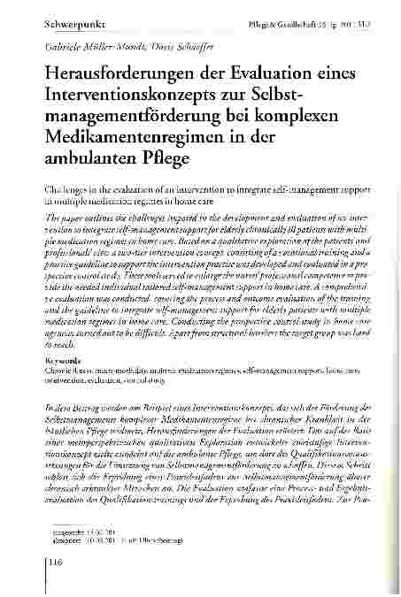 Vorschauseite 1: Herausforderungen der Evaluation eines Interventionskonzepts zur Selbst-managementförderung bei komplexen Medikamentenregimen in der ambulanten Pflege