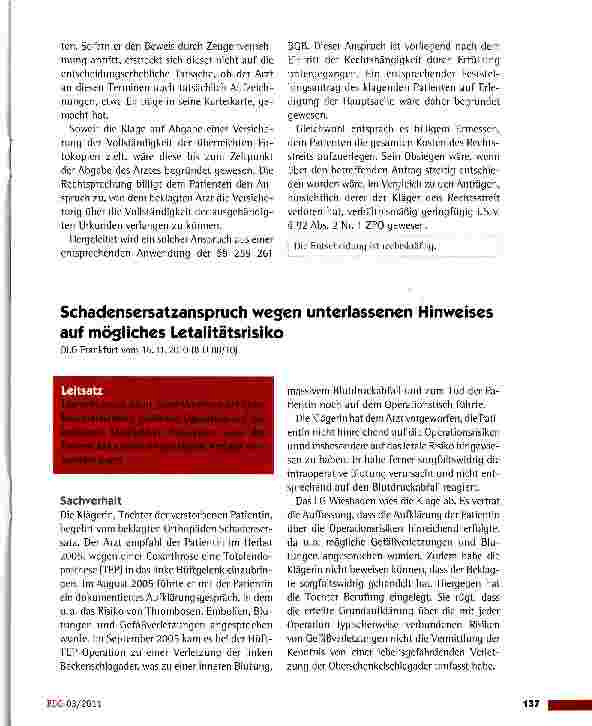 Vorschauseite 1: Schadensersatzanspruch wegen unterlassenen Hinweises auf mögliches LetalitatsrisikoOLG Frankfurt vom 16.11.2010 (8 U 88/10)