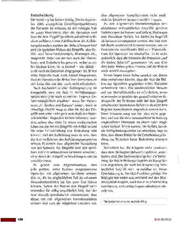 Vorschauseite 2: Schadensersatzanspruch wegen unterlassenen Hinweises auf mögliches LetalitatsrisikoOLG Frankfurt vom 16.11.2010 (8 U 88/10)
