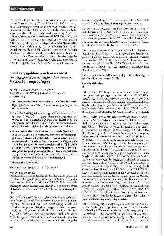Vorschauseite 1: Erziehungsgeldanspruch eines nicht freizügigkeitsberechtigten Ausländers; Prozessführungsbefugnis