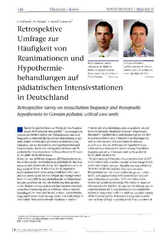 Vorschauseite 1: Retrospektive Umfrage zur Häufigkeit von Reanimationen und Hypothermiebehandlungen auf pädiatrischen Intensivstationen in Deutschland