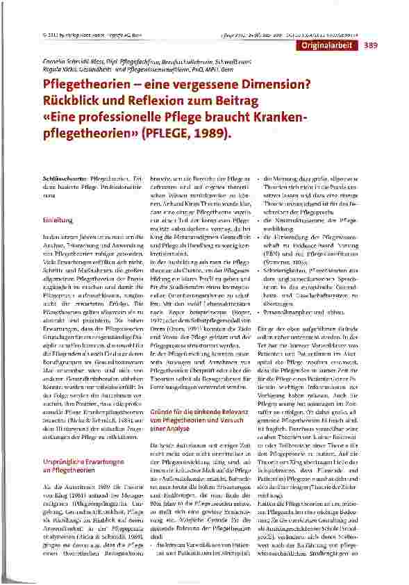 Vorschauseite 1: Pflegetheorien - eine vergessene Dimension? Rückblick und Reflexion zum Beitrag «Eine professionelle Pflege braucht Krankenpflegetheorien» (PFLEGE, 1989).