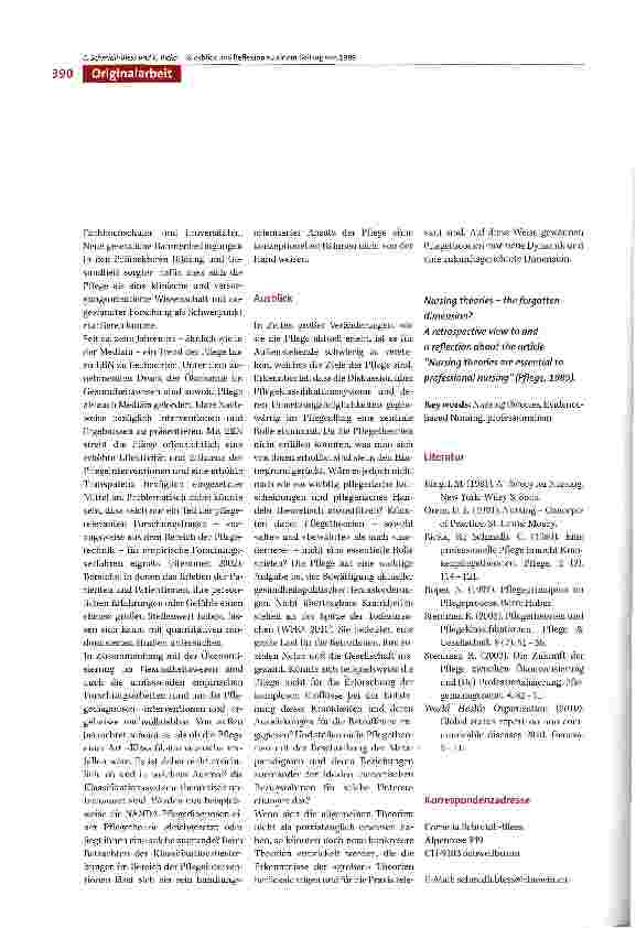 Vorschauseite 2: Pflegetheorien - eine vergessene Dimension? Rückblick und Reflexion zum Beitrag «Eine professionelle Pflege braucht Krankenpflegetheorien» (PFLEGE, 1989).