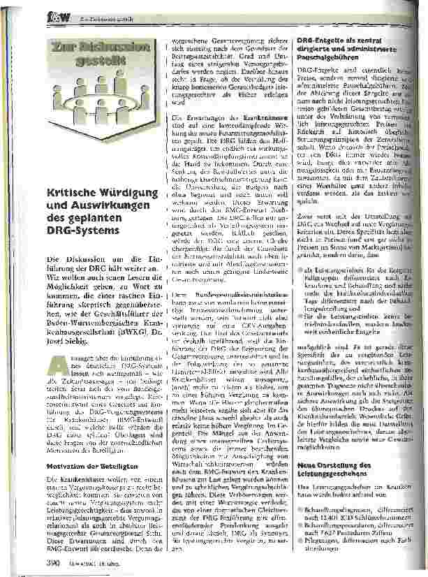 Vorschauseite 1: Kritische Würdigung und Auswirkungen des geplanten DRG-Systems Zur Diskussion gestellt
