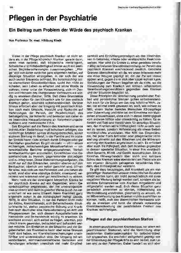 Vorschauseite 1: Pflegen in der Psychiatrie Beitrag zum Problem der Würde des psychisch Kranken