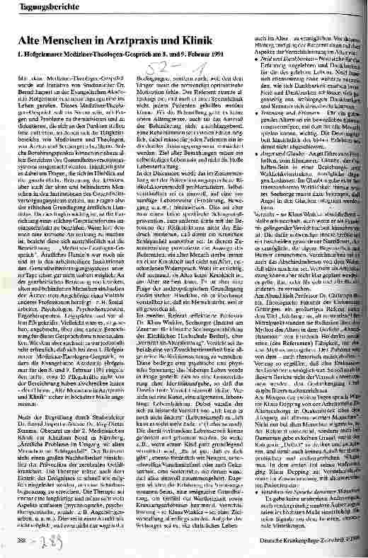 Vorschauseite 1: Alte Menschen in Arztpraxis und Klinik 1. Hofgeismarer Mediziner-Theologen-Gespräch am 8.-9. Februar 1991
