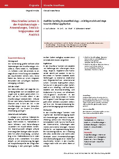 Vorschauseite 1: Maschinelles Lernen in der Anästhesiologie – Anwendungen, Entwicklungsprozess und Ausblick