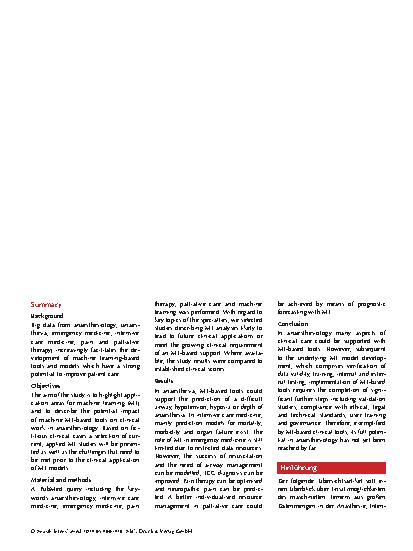 Vorschauseite 2: Maschinelles Lernen in der Anästhesiologie – Anwendungen, Entwicklungsprozess und Ausblick