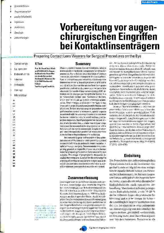 Vorschauseite 1: Vorbereitung vor augenchirurgischen Eingriffen bei Kontaktlinsenträgern
