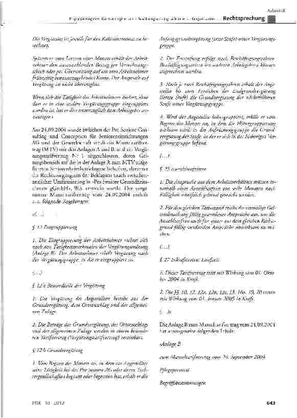 Vorschauseite 2: Eingruppierung einer Krankenpflegehelferin -Bewährungsaufstieg nach Arbeitsunfähigkeitszeiten Anrechenbarkeit einer übertariflichen ZulageMTV-Pro Seniore § 12, § 25, § 126; ZPO §…