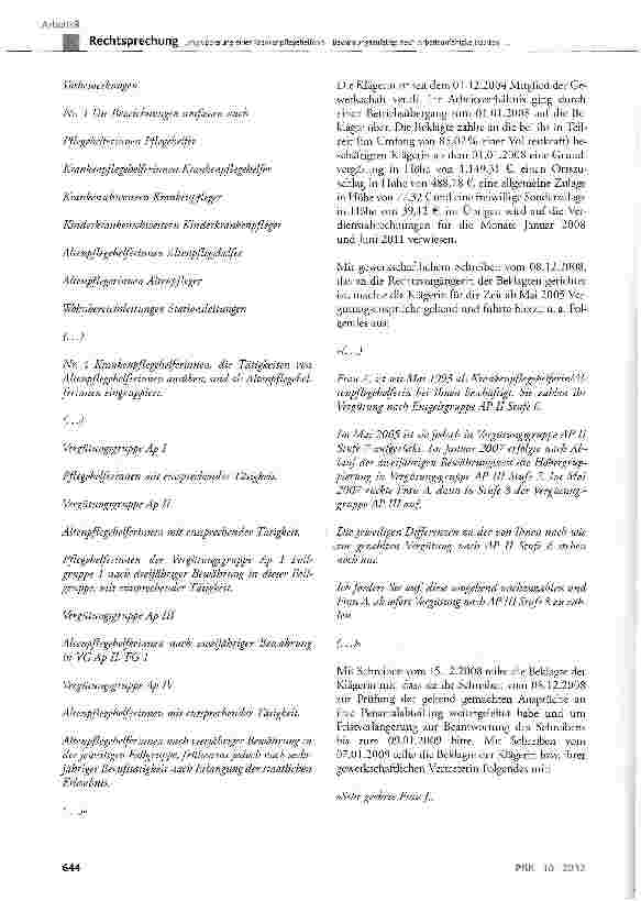Vorschauseite 3: Eingruppierung einer Krankenpflegehelferin -Bewährungsaufstieg nach Arbeitsunfähigkeitszeiten Anrechenbarkeit einer übertariflichen ZulageMTV-Pro Seniore § 12, § 25, § 126; ZPO §…