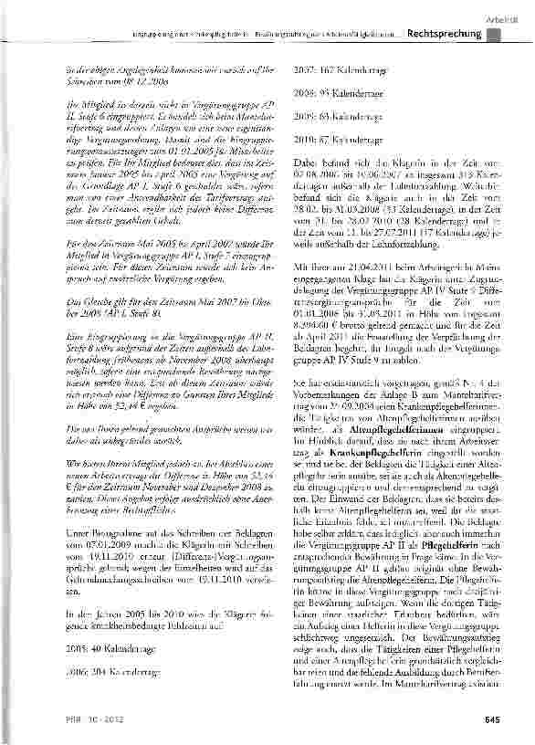 Vorschauseite 4: Eingruppierung einer Krankenpflegehelferin -Bewährungsaufstieg nach Arbeitsunfähigkeitszeiten Anrechenbarkeit einer übertariflichen ZulageMTV-Pro Seniore § 12, § 25, § 126; ZPO §…