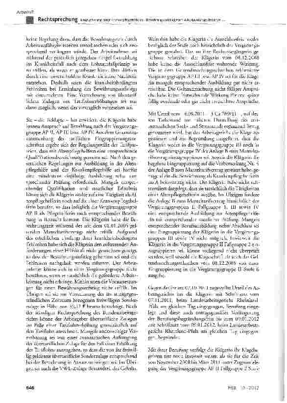 Vorschauseite 5: Eingruppierung einer Krankenpflegehelferin -Bewährungsaufstieg nach Arbeitsunfähigkeitszeiten Anrechenbarkeit einer übertariflichen ZulageMTV-Pro Seniore § 12, § 25, § 126; ZPO §…