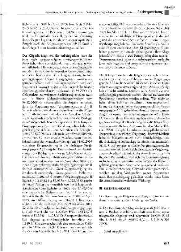 Vorschauseite 6: Eingruppierung einer Krankenpflegehelferin -Bewährungsaufstieg nach Arbeitsunfähigkeitszeiten Anrechenbarkeit einer übertariflichen ZulageMTV-Pro Seniore § 12, § 25, § 126; ZPO §…