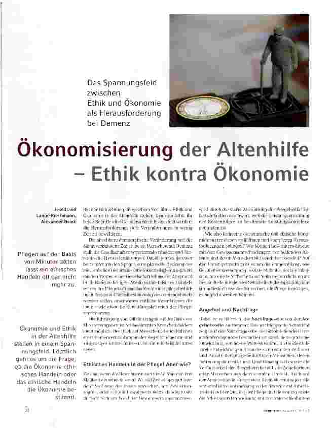 Vorschauseite 1: Ökonomisierung der Altenhilfe-Ethik kontra Ökonomie