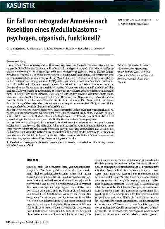 Vorschauseite 1: Ein Fall von retrograder Amnesie nach Resektion eines Medulloblastoms -psychogen, organisch, funktioneil?