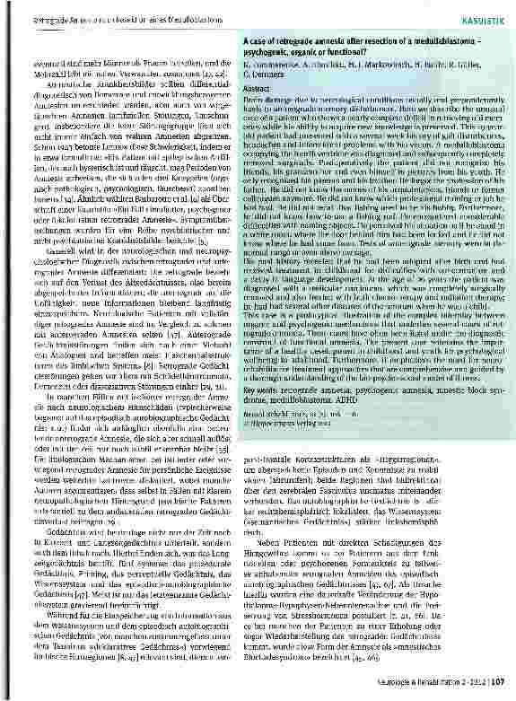 Vorschauseite 2: Ein Fall von retrograder Amnesie nach Resektion eines Medulloblastoms -psychogen, organisch, funktioneil?