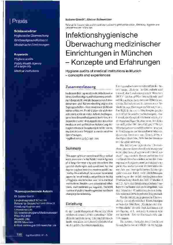 Vorschauseite 1: Infektionshygienische Überwachung medizinischer Einrichtungen in München - Konzepte und Erfahrungen
