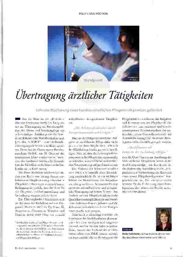 Vorschauseite 1: Übertragung ärztlicher TätigkeitenZeitnahe Etablierung eines bundeseinheitlichen Pflegeberufegesetzes gefordert