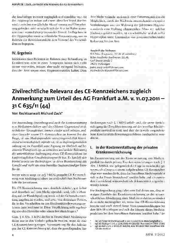 Vorschauseite 1: Zivilrechtliche Relevanz des CE-Kennzeichens zugleich Anmerkung zum Urteil des AG Frankfurt a.M. v. 11.07.2011 31 C 635/11 (44)